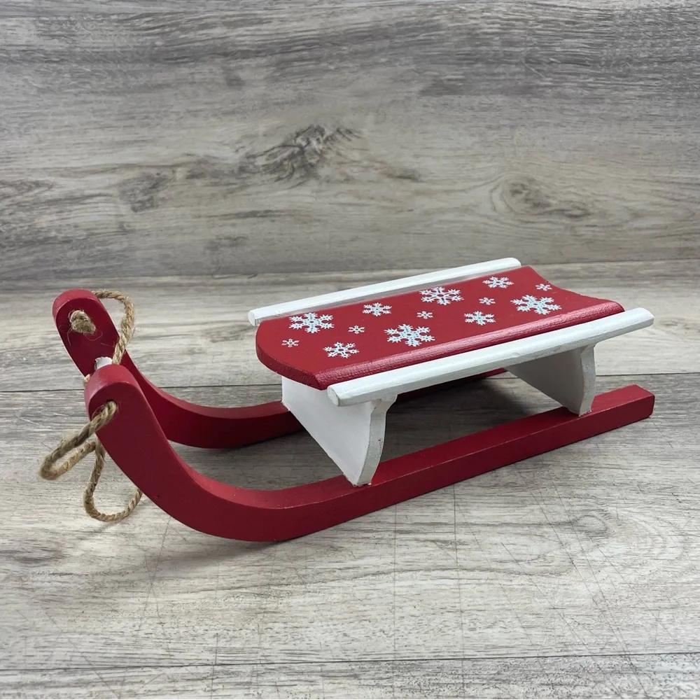 Christmas Wooden Sleigh Red White With Snowflakes Decor 1 Foot Long